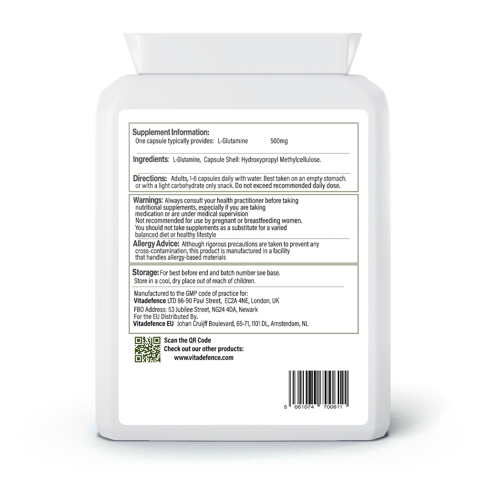 L-Glutamine | Pure Amino Acid 500mg – 90 Capsules