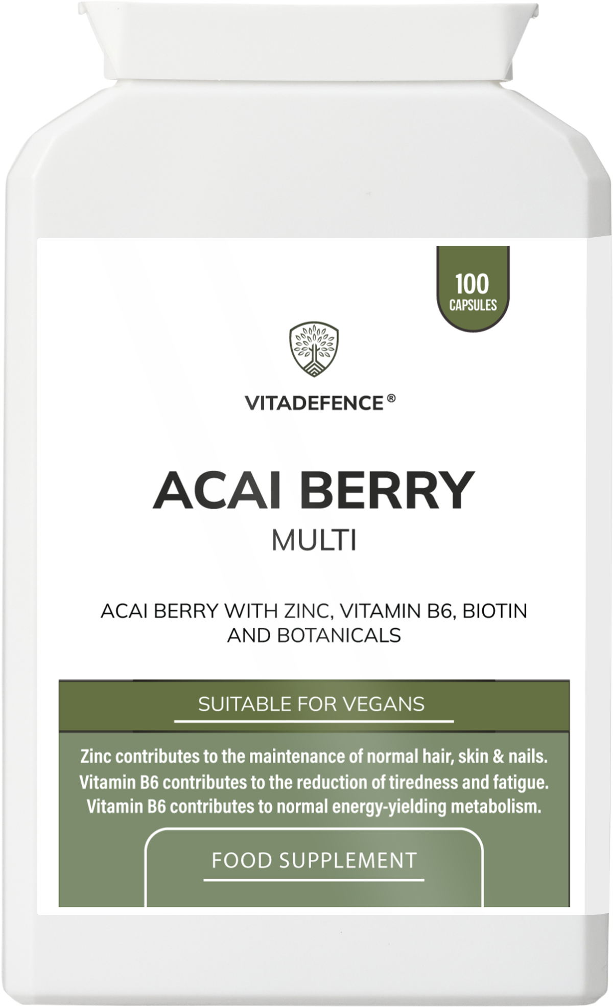 Acai Berry Capsules | With Vitamin B6, Zinc & Biotin – 100 Vegan Capsules