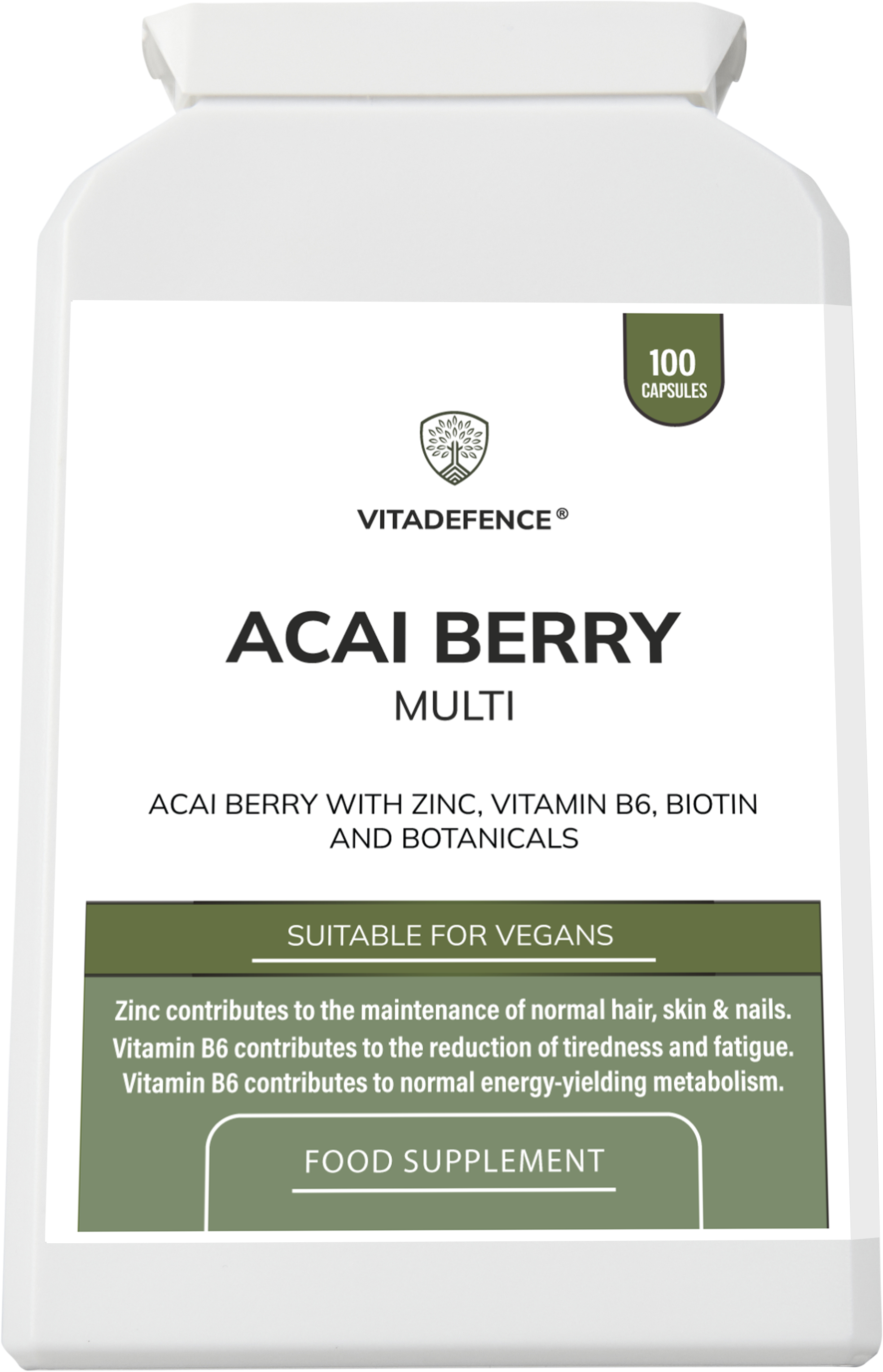Acai Berry Capsules | With Vitamin B6, Zinc & Biotin – 100 Vegan Capsules