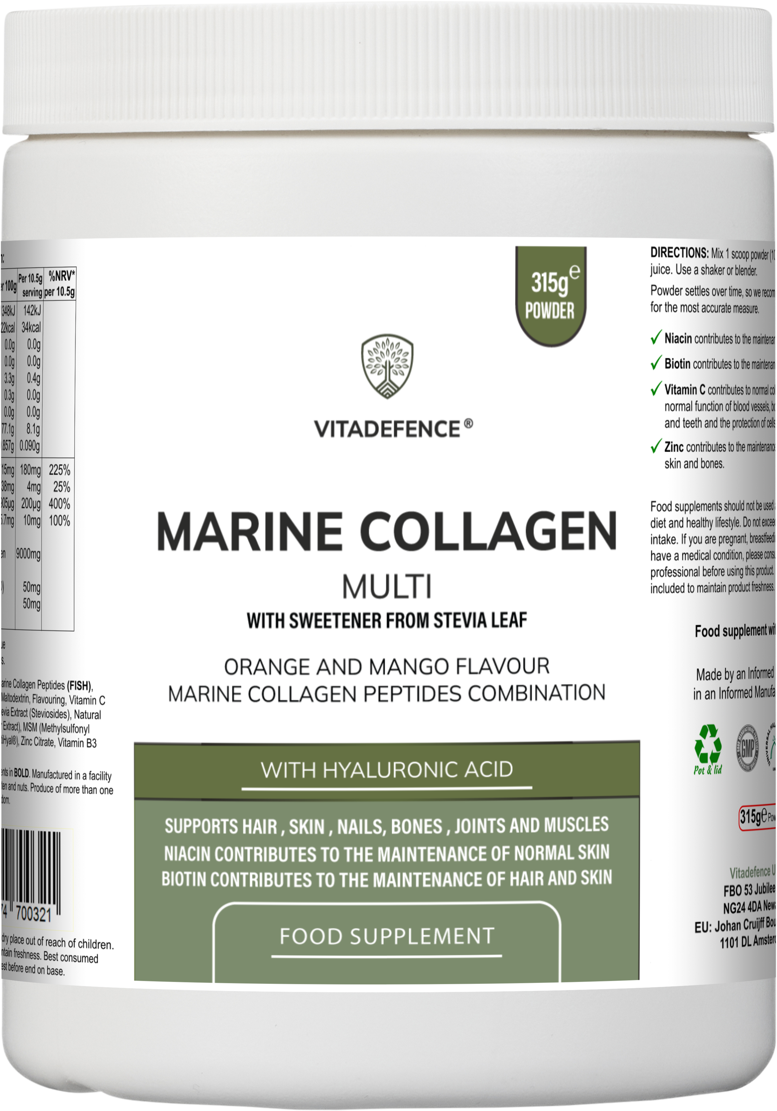 Marine Collagen Multi | Orange & Mango Flavour Powder with Hyaluronic Acid, MSM, Vitamins & Minerals – 315 g