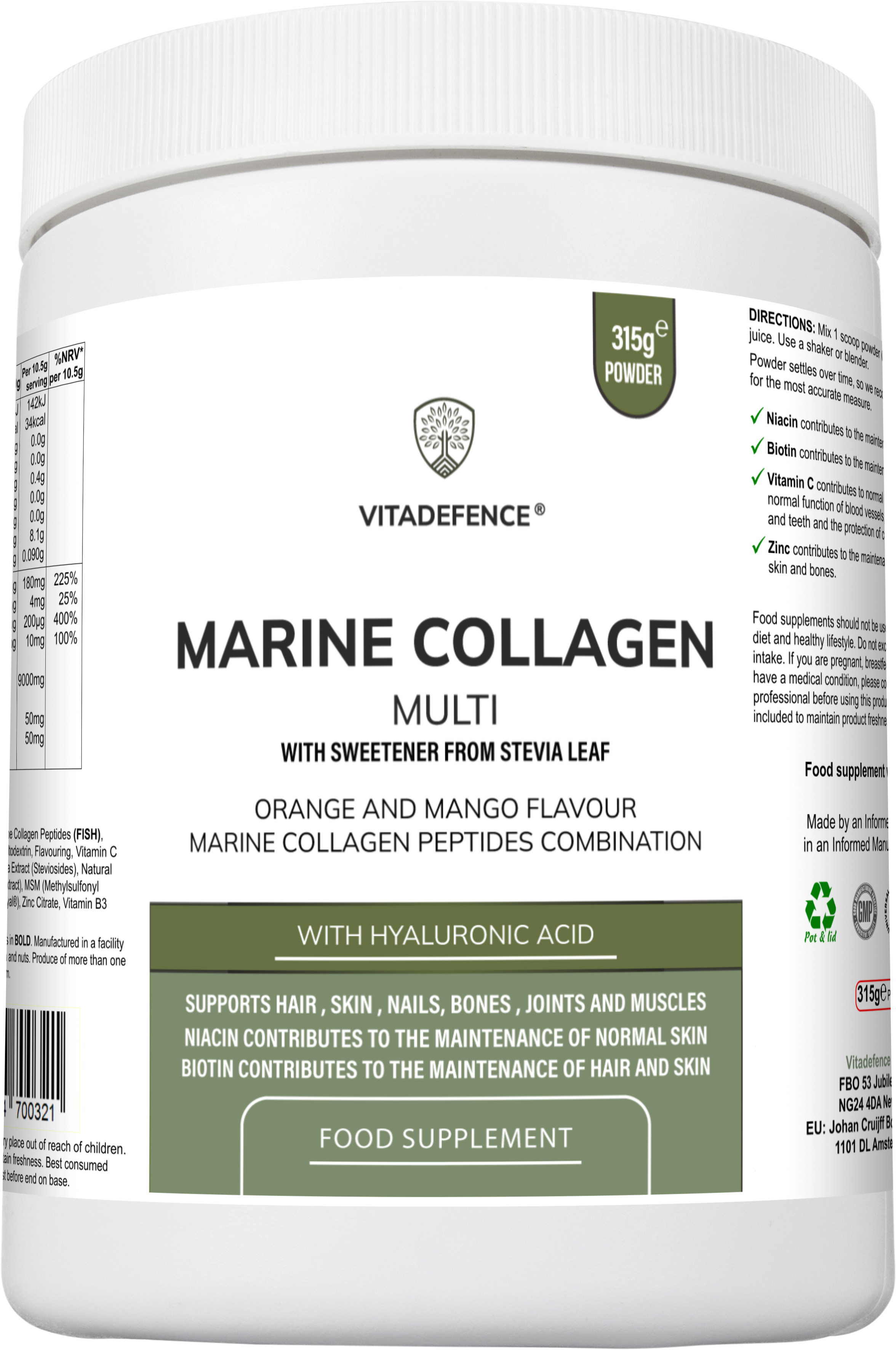 Marine Collagen Multi | Orange & Mango Flavour Powder with Hyaluronic Acid, MSM, Vitamins & Minerals – 315 g