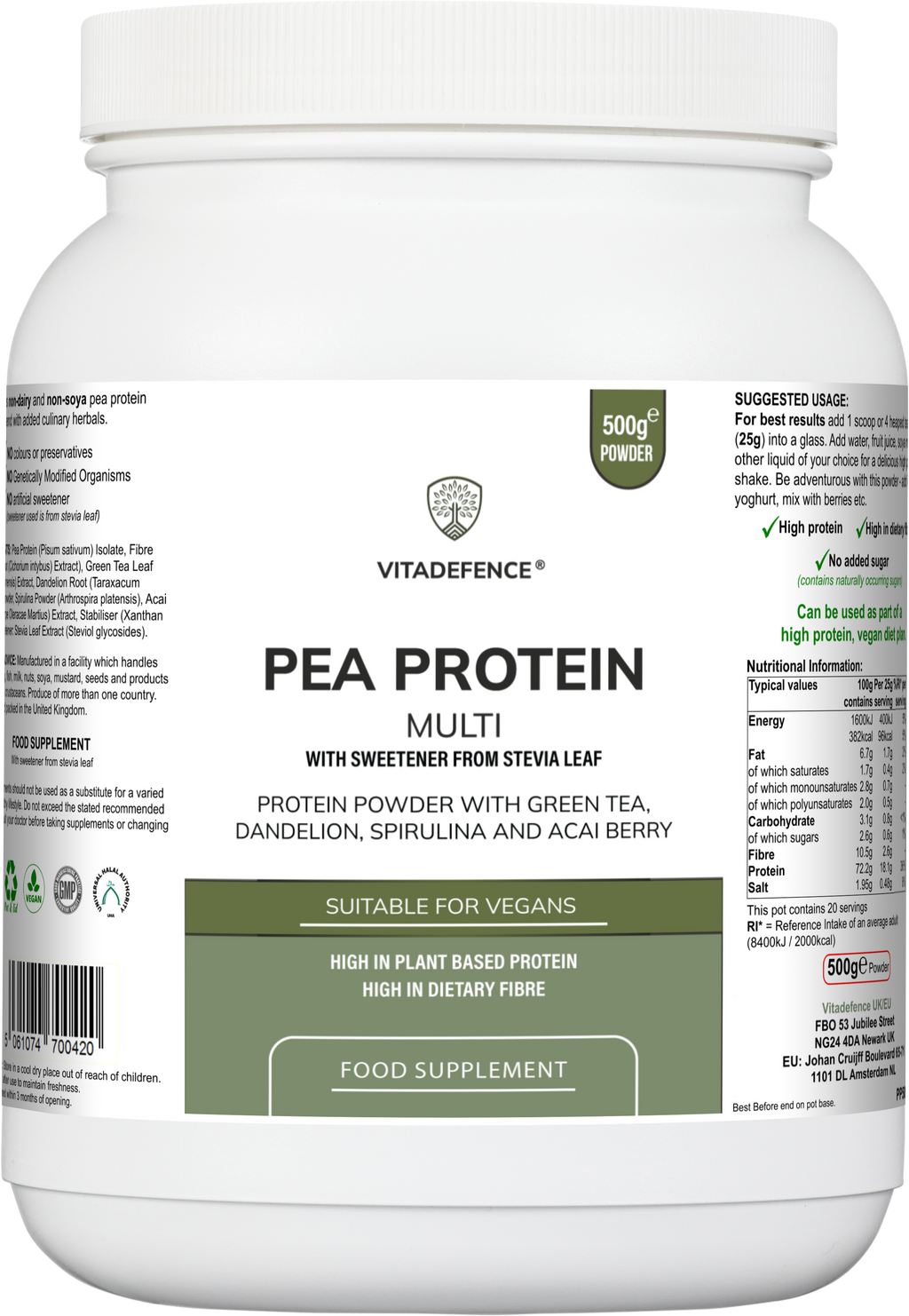 Pea Protein Multi | Plant-Based Protein Powder with Green Tea, Spirulina, Açai & Dandelion – 500 g