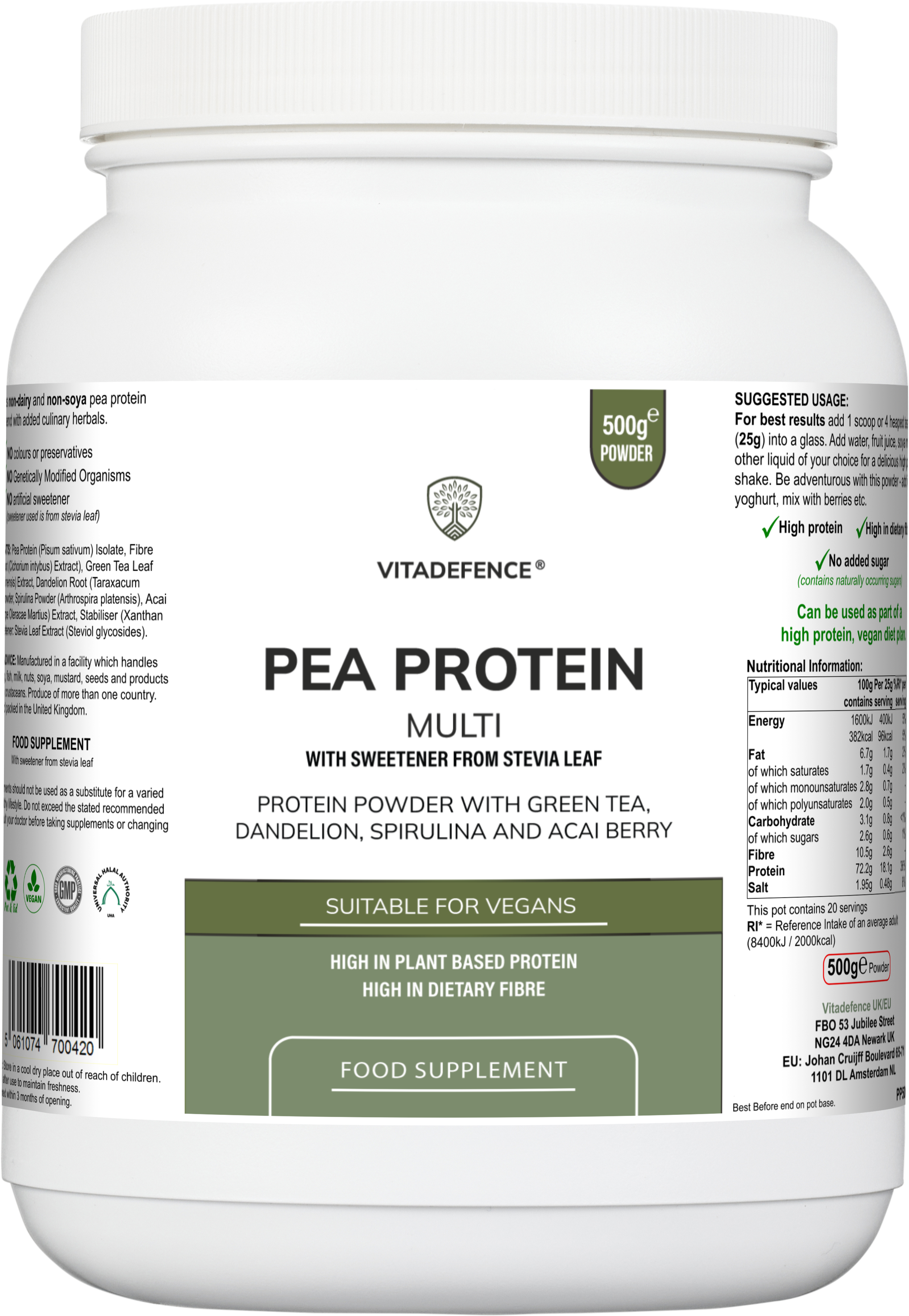 Pea Protein Multi | Plant-Based Protein Powder with Green Tea, Spirulina, Açai & Dandelion – 500 g