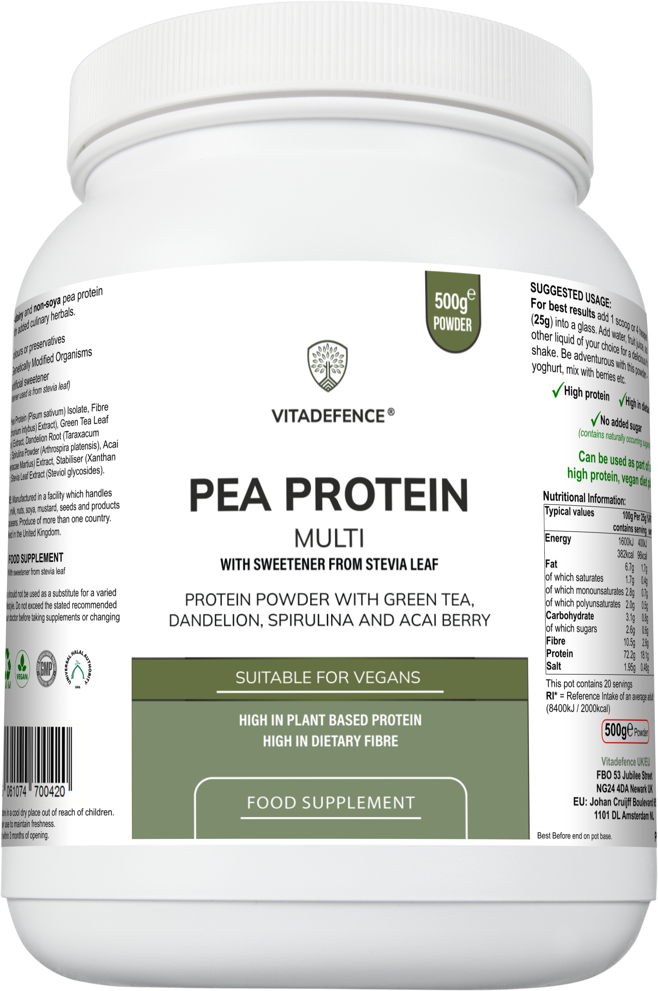 Pea Protein Multi | Plant-Based Protein Powder with Green Tea, Spirulina, Açai & Dandelion – 500 g