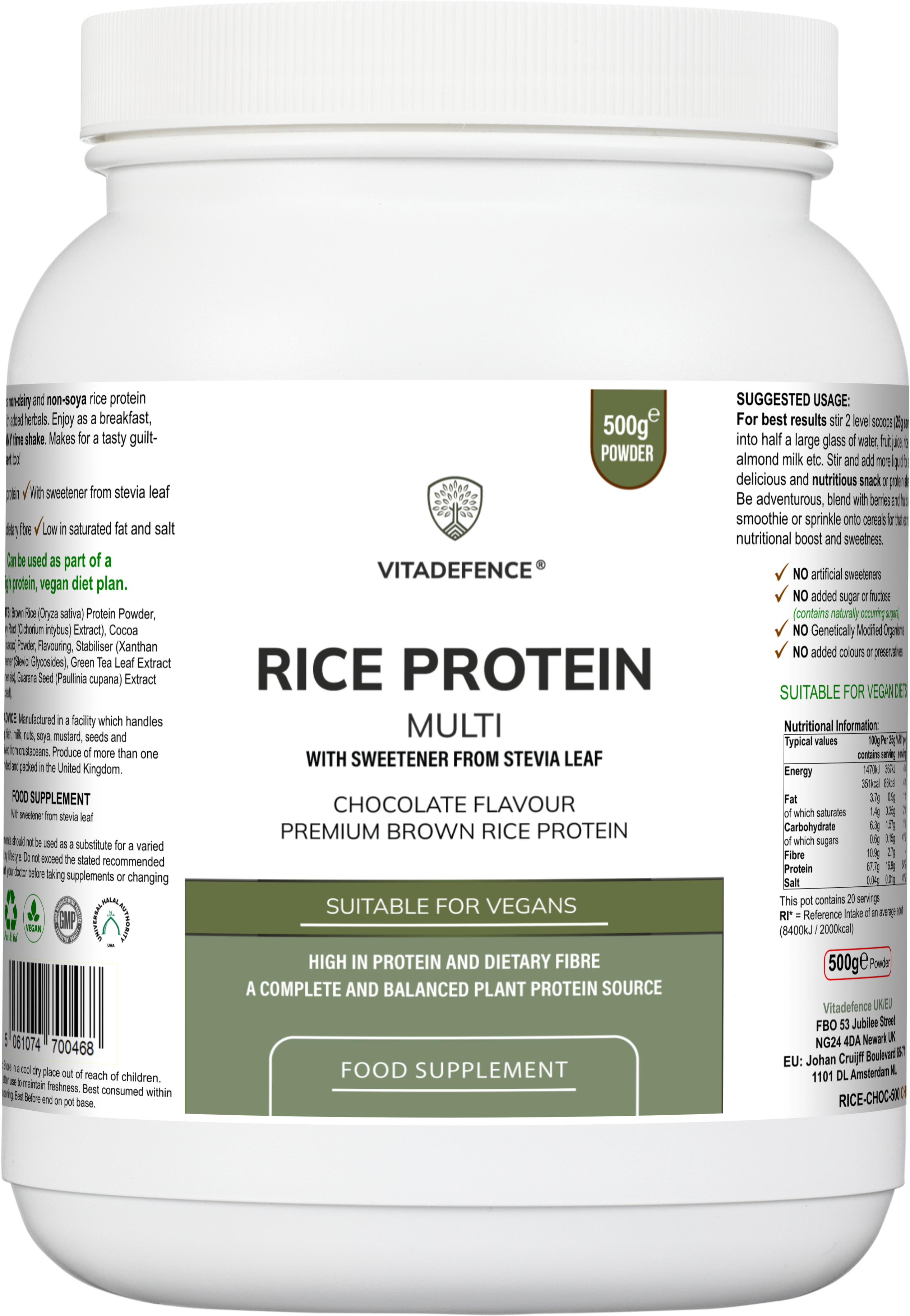 Rice Protein Multi | Chocolate Flavour Powder with Green Tea & Guarana – 500 g