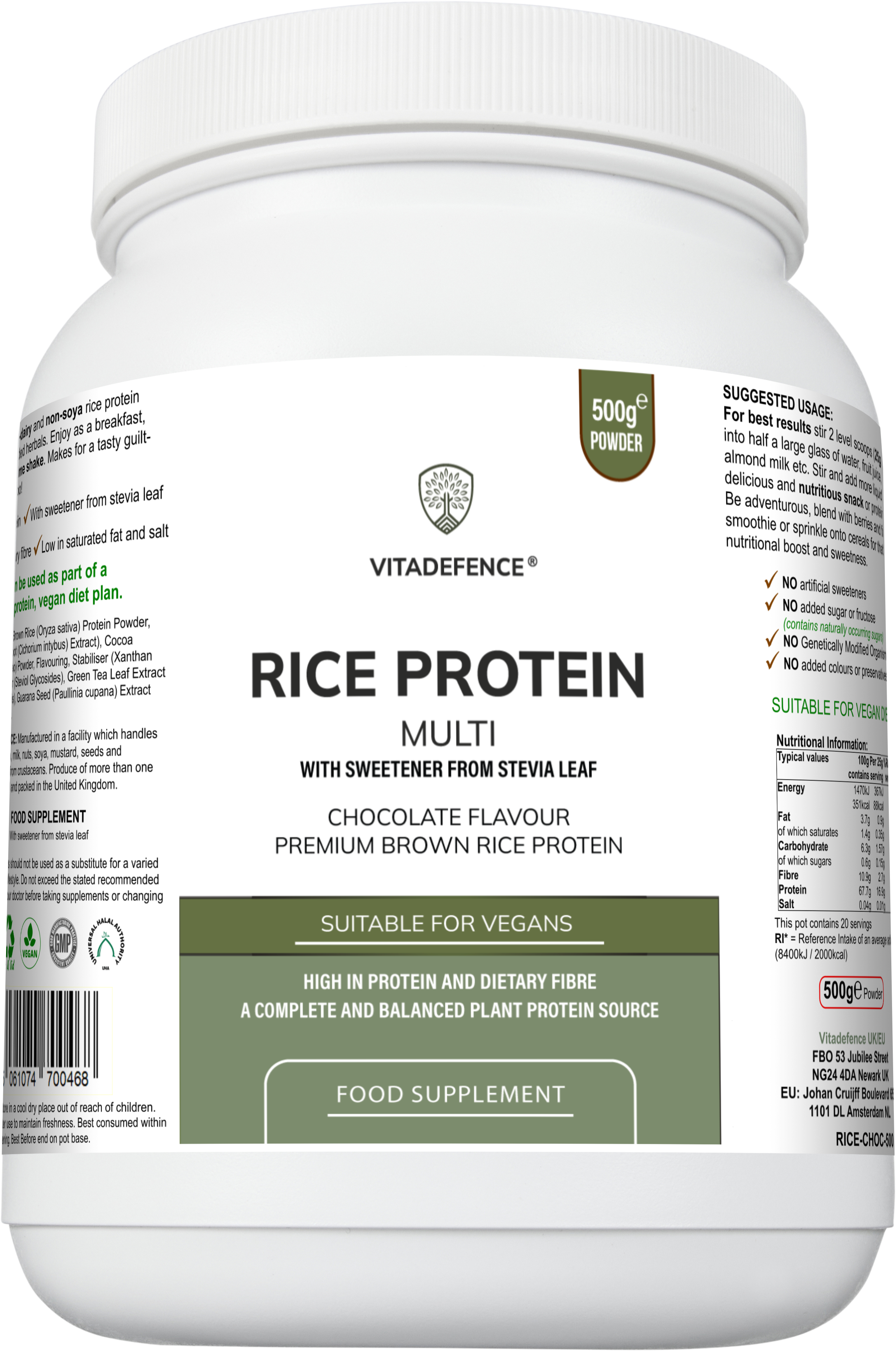 Rice Protein Multi | Chocolate Flavour Powder with Green Tea & Guarana – 500 g